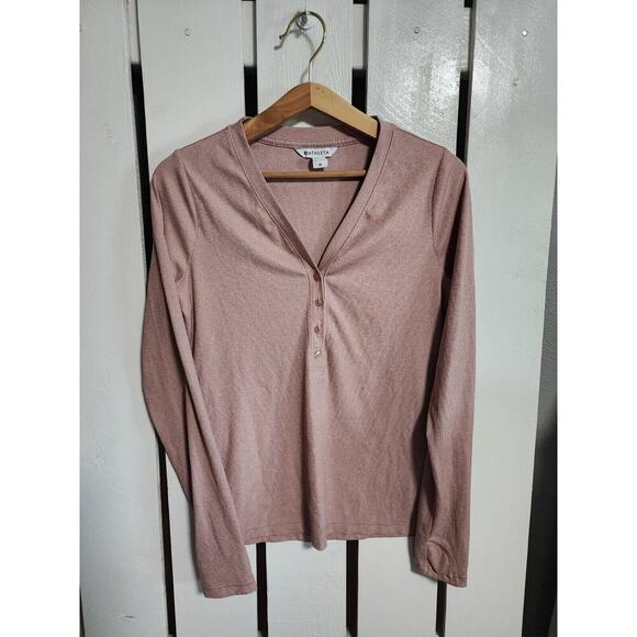 Athleta Uptempo Ribbed Henley Top Womens Medium Mauve Pink Athleisure Sporty - Picture 1 of 8